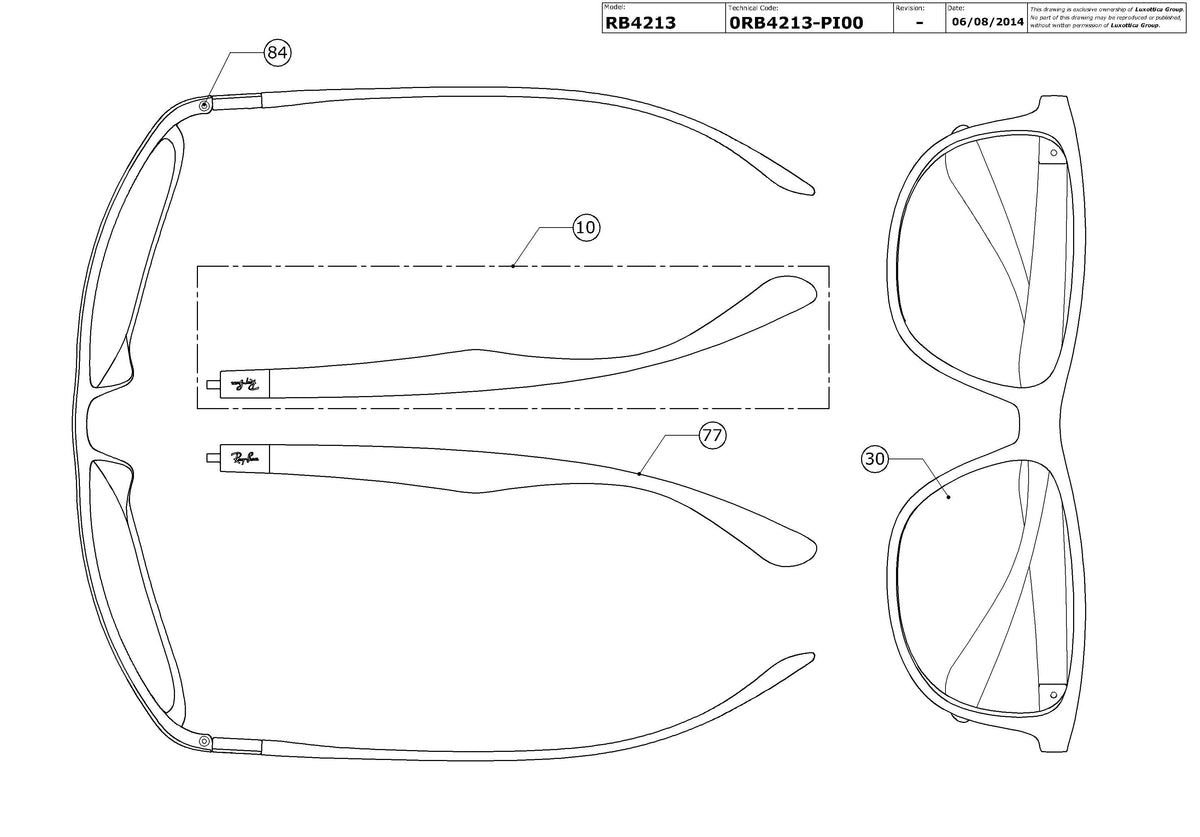 Exploded technical drawing of the Ray-Ban RB4213 Replacement Parts, with each replacement part numbered