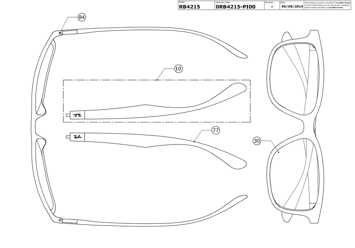 Exploded technical drawing of the Ray-Ban RB4215 Replacement Parts, with each replacement part numbered