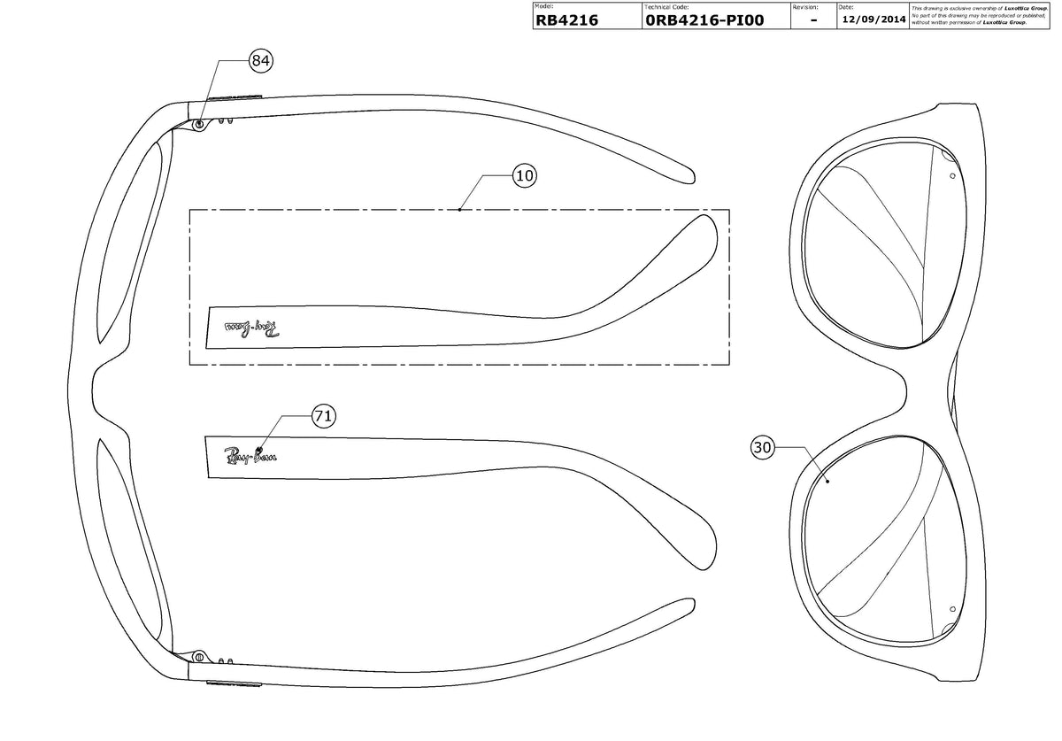 Exploded technical drawing of the Ray-Ban RB4216 Replacement Parts, with each replacement part numbered