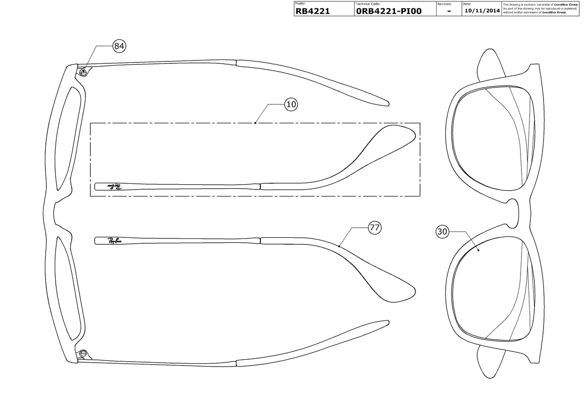 Exploded technical drawing of the Ray-Ban RB4221 Replacement Parts, with each replacement part numbered