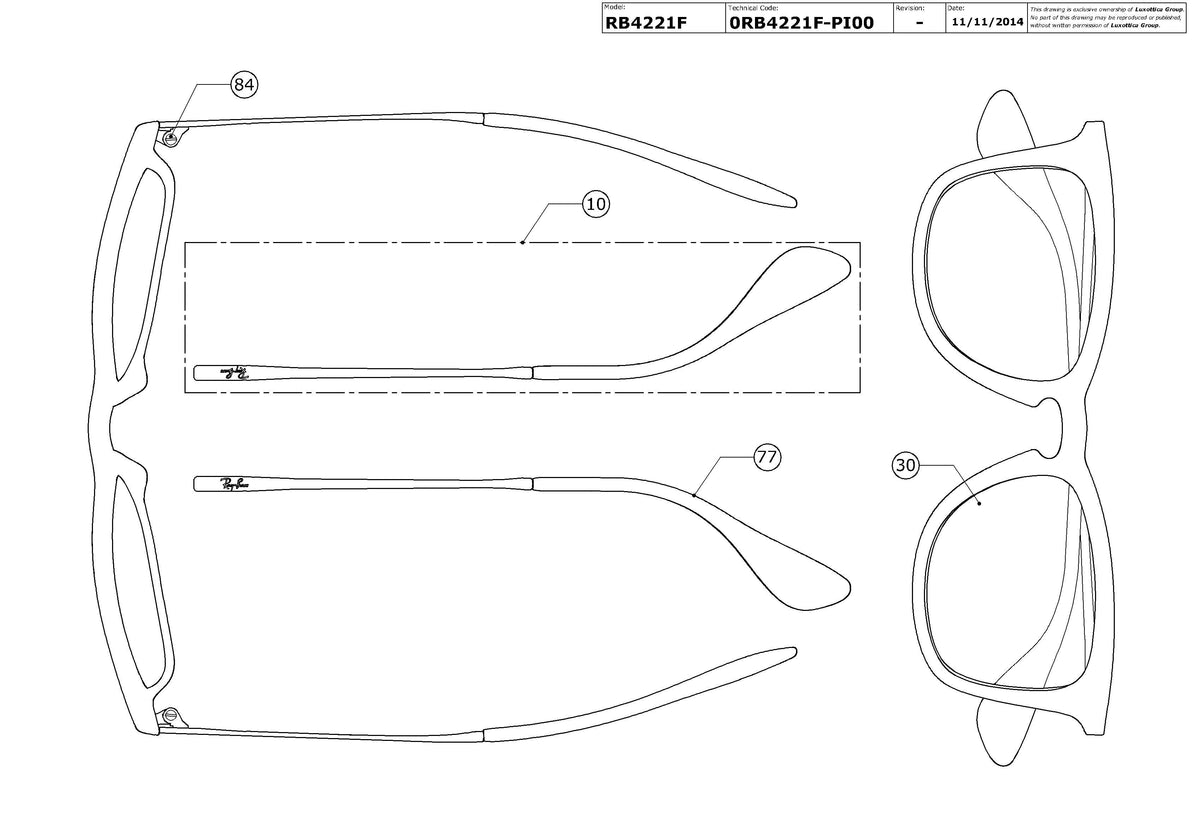 Exploded technical drawing of the Ray-Ban RB4221F Replacement Parts, with each replacement part numbered