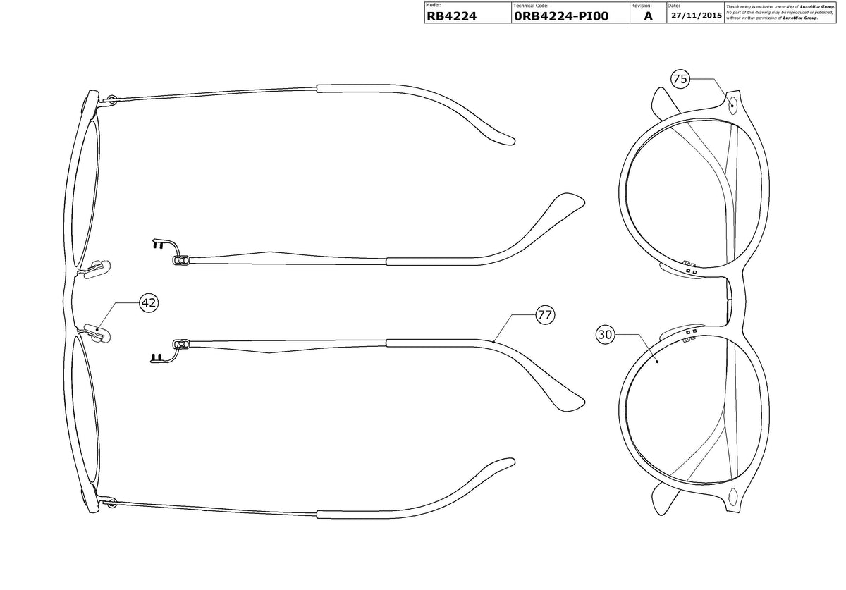Enlarged technical drawing of the Ray-Ban Round Light Ray RB4224 Replacement Parts