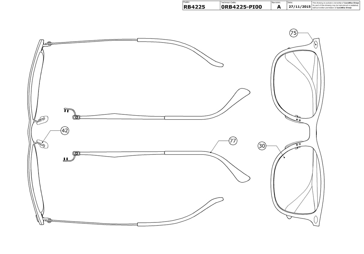 Exploded technical drawing of the Ray-Ban RB4225 Replacement Parts, with each replacement part numbered