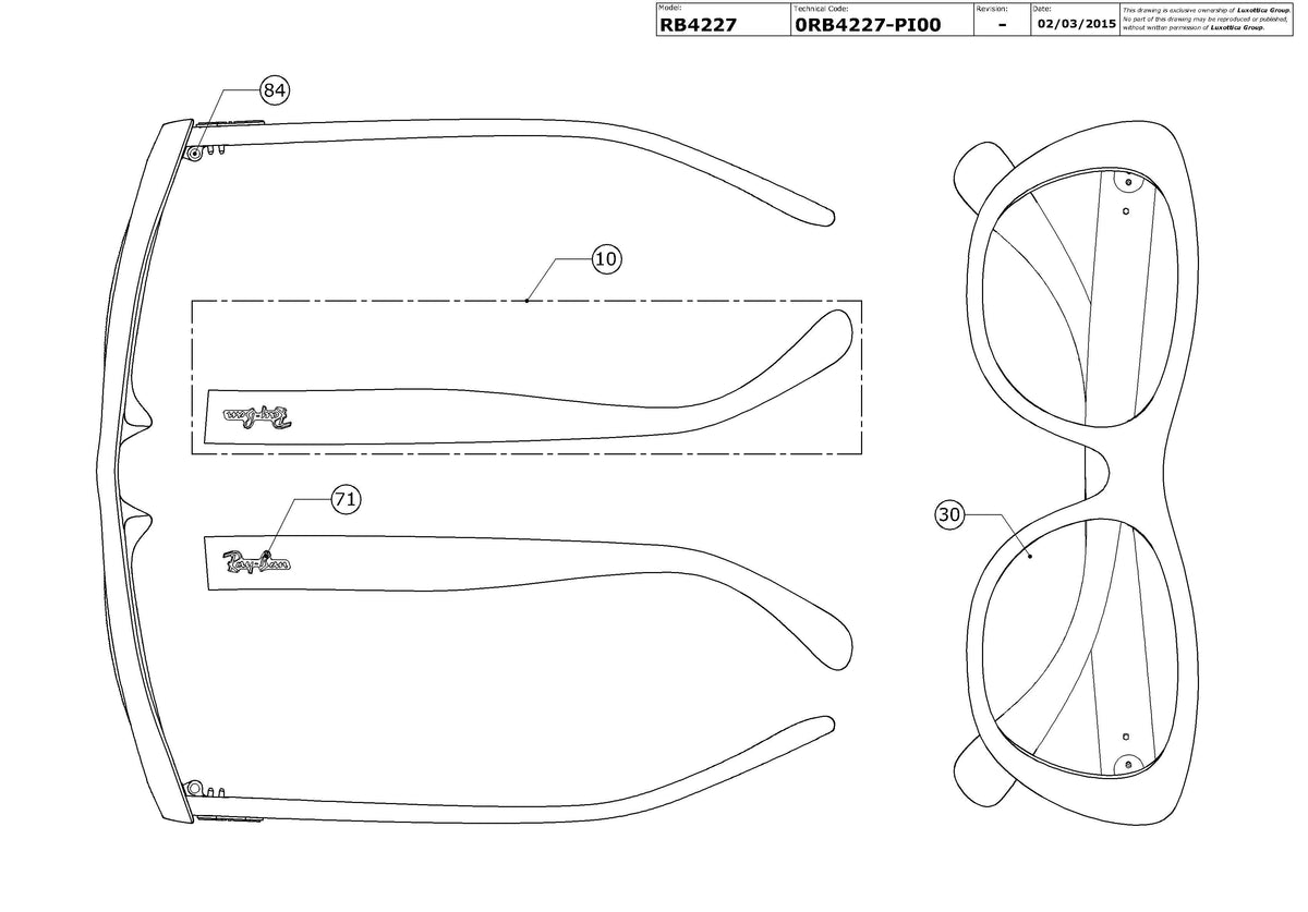 Exploded technical drawing of the Ray-Ban RB4227 Replacement Parts, with each replacement part numbered
