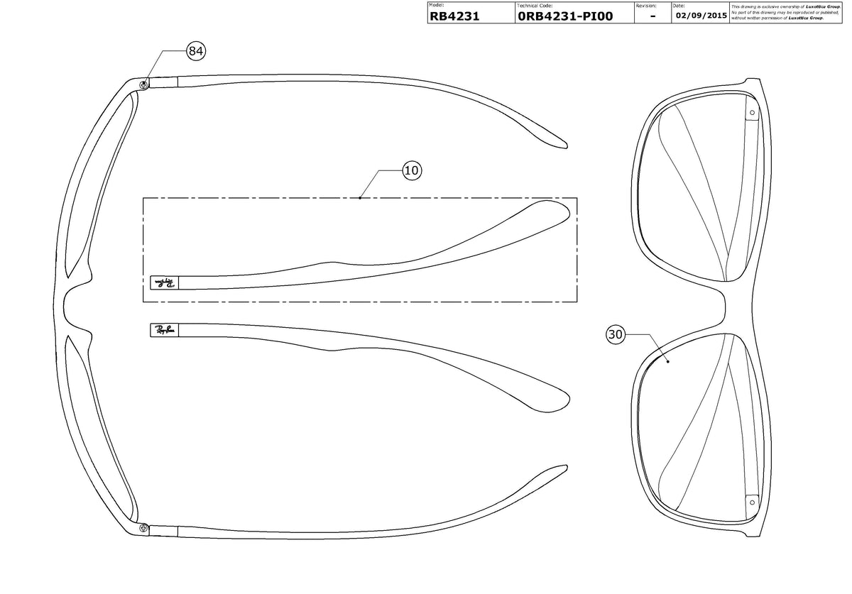 Exploded technical drawing of the Ray-Ban RB4231 Replacement Parts, with each replacement part numbered