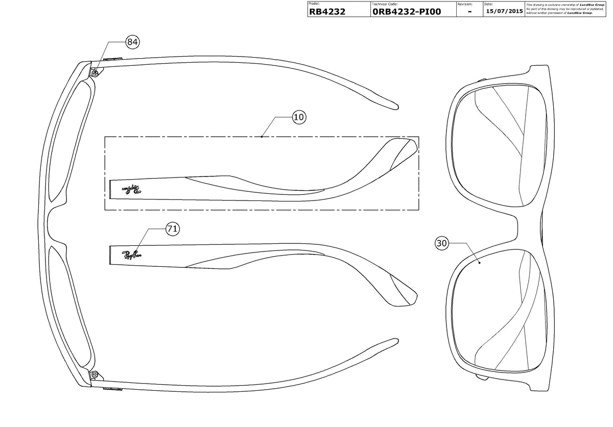 Exploded technical drawing of the Ray-Ban RB4232 Replacement Parts, with each replacement part numbered