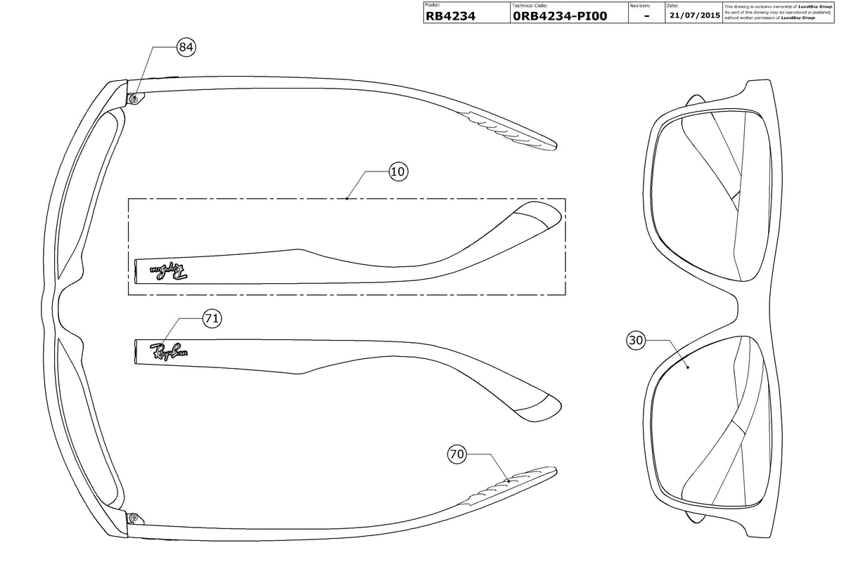Exploded technical drawing of the Ray-Ban RB4234 Replacement Parts, with each replacement part numbered