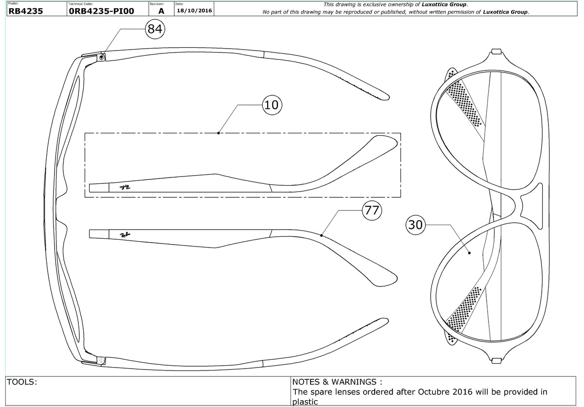Exploded technical drawing of the Ray-Ban RB4235 Replacement Parts, with each replacement part numbered