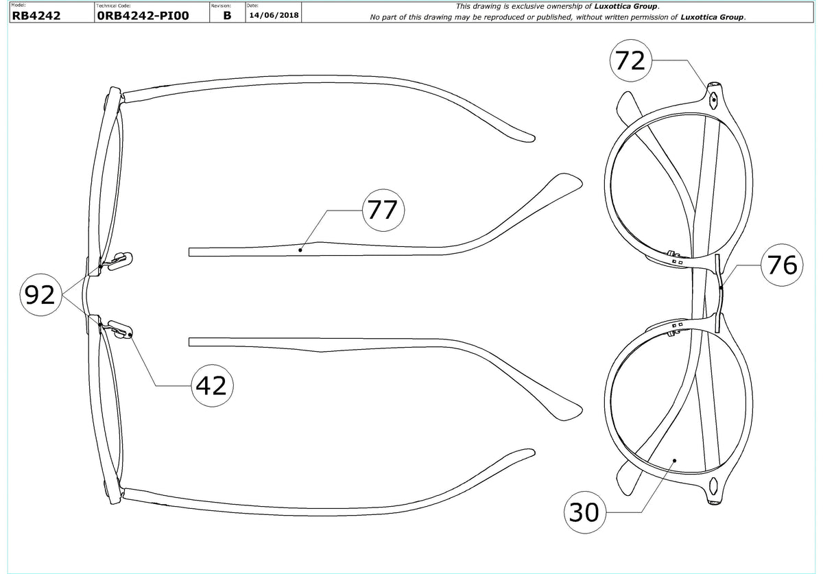 Enlarged technical drawing of the Ray-Ban Round II Light Ray RB4242 Replacement Parts