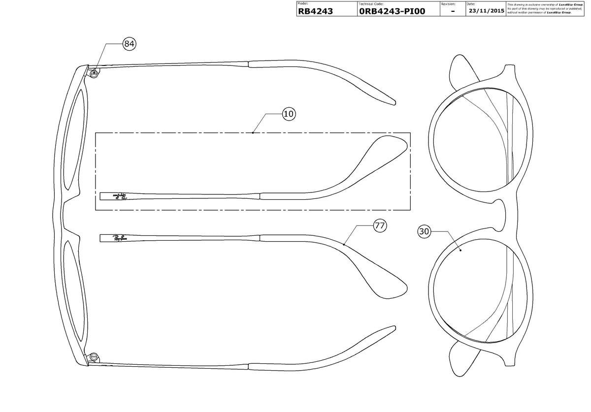 Exploded technical drawing of the Ray-Ban RB4243 Replacement Parts, with each replacement part numbered