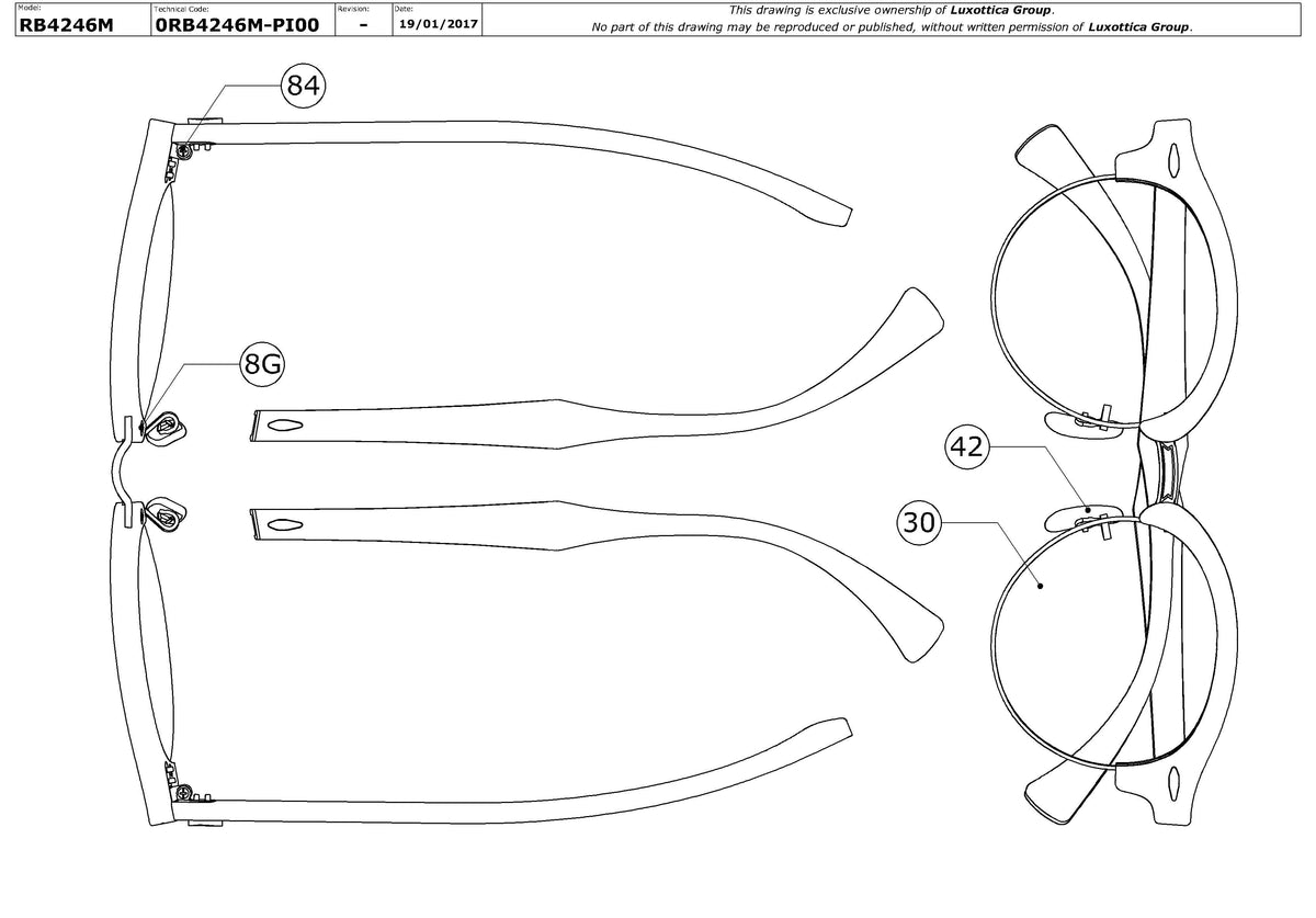 Enlarged technical drawing of the Ray-Ban Clubround Wood RB4246M Replacement Parts