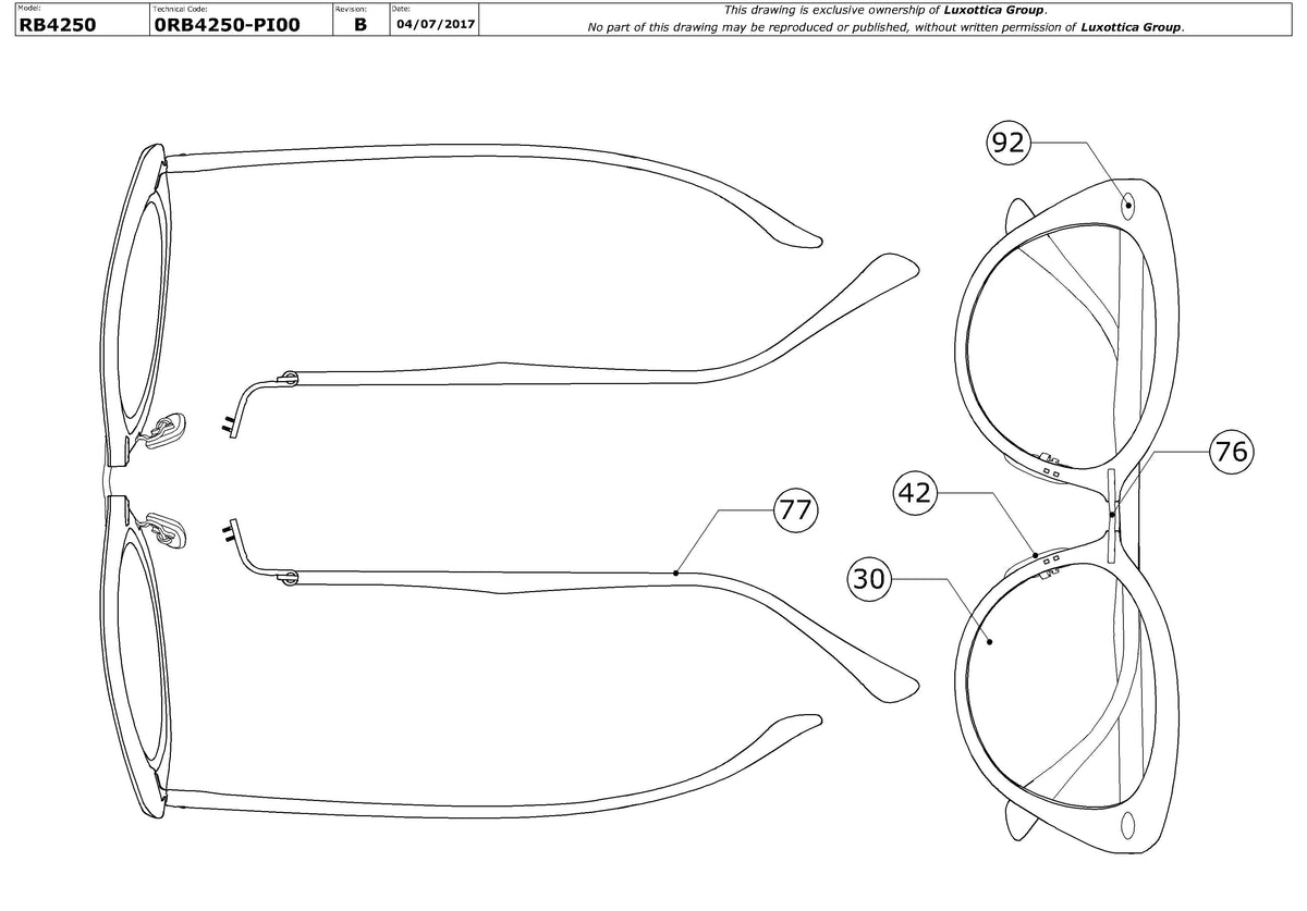 Exploded technical drawing of the Ray-Ban RB4250 Replacement Parts, with each replacement part numbered