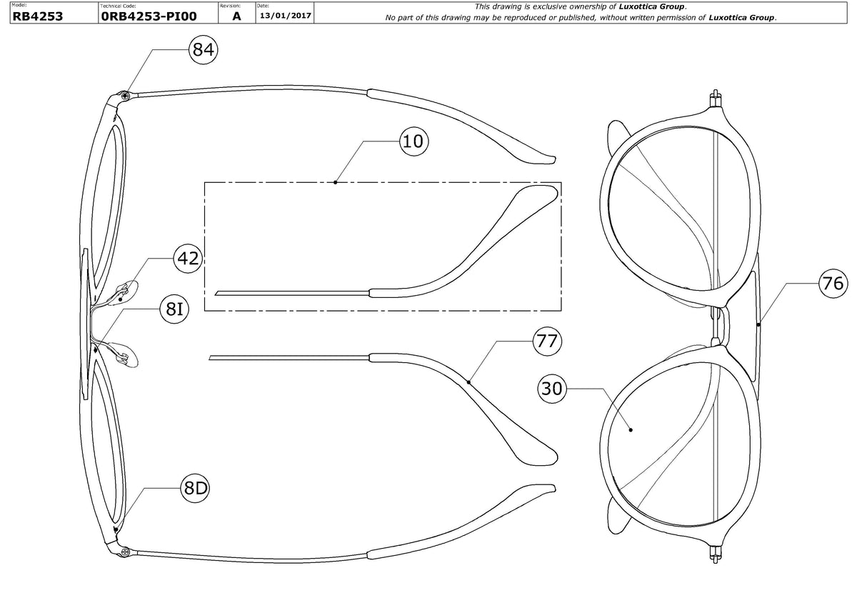 Enlarged technical drawing of the Ray-Ban RB4253 Replacement Parts