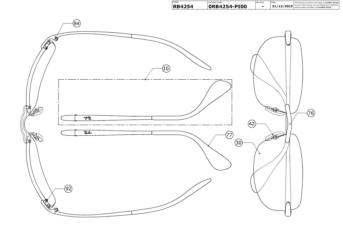 Exploded technical drawing of the Ray-Ban RB4254 Replacement Parts, with each replacement part numbered