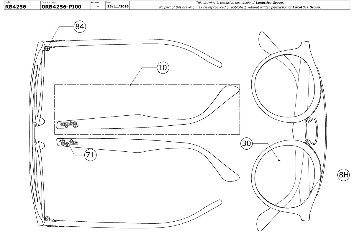 Exploded technical drawing of the Ray-Ban New Gatsby I RB4256 Replacement Parts, with each replacement part numbered