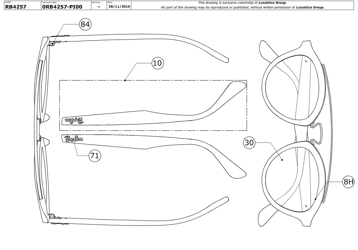 Enlarged technical drawing of the Ray-Ban New Gatsby II RB4257 Replacement Parts