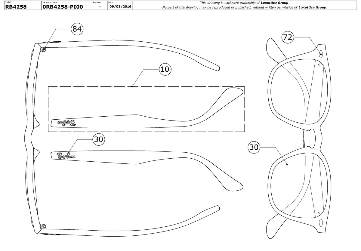 Exploded technical drawing of the Ray-Ban RB4258 Replacement Parts, with each replacement part numbered