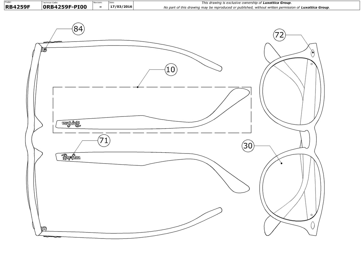 Exploded technical drawing of the Ray-Ban RB4259F Replacement Parts, with each replacement part numbered
