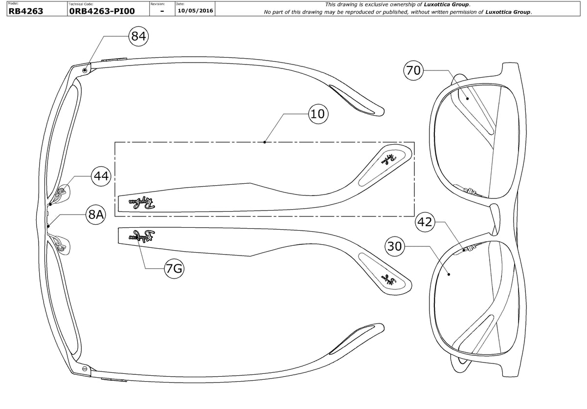 Exploded technical drawing of the Ray-Ban RB4263 Replacement Parts, with each replacement part numbered