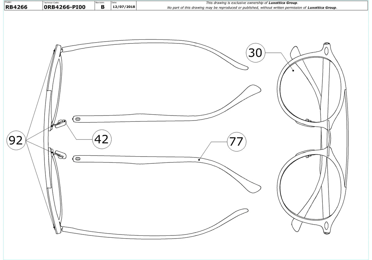 Exploded technical drawing of the Ray-Ban RB4266 Replacement Parts, with each replacement part numbered