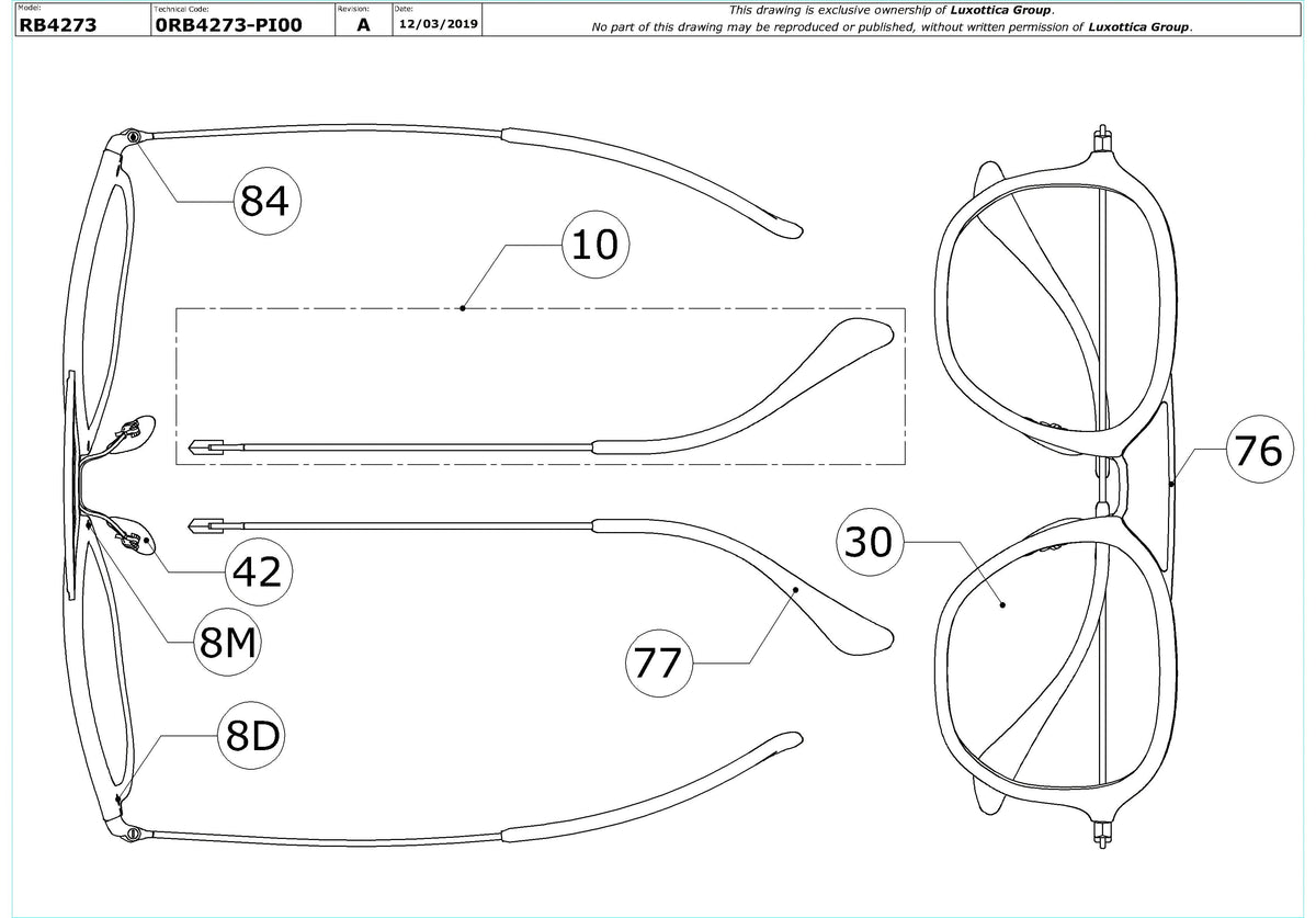 Exploded technical drawing of the Ray-Ban RB4273 Replacement Parts, with each replacement part numbered