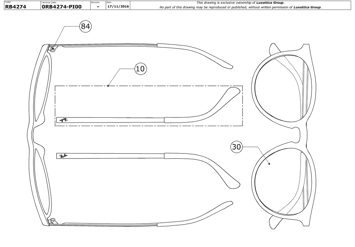 Exploded technical drawing of the Ray-Ban RB4274 Replacement Parts, with each replacement part numbered