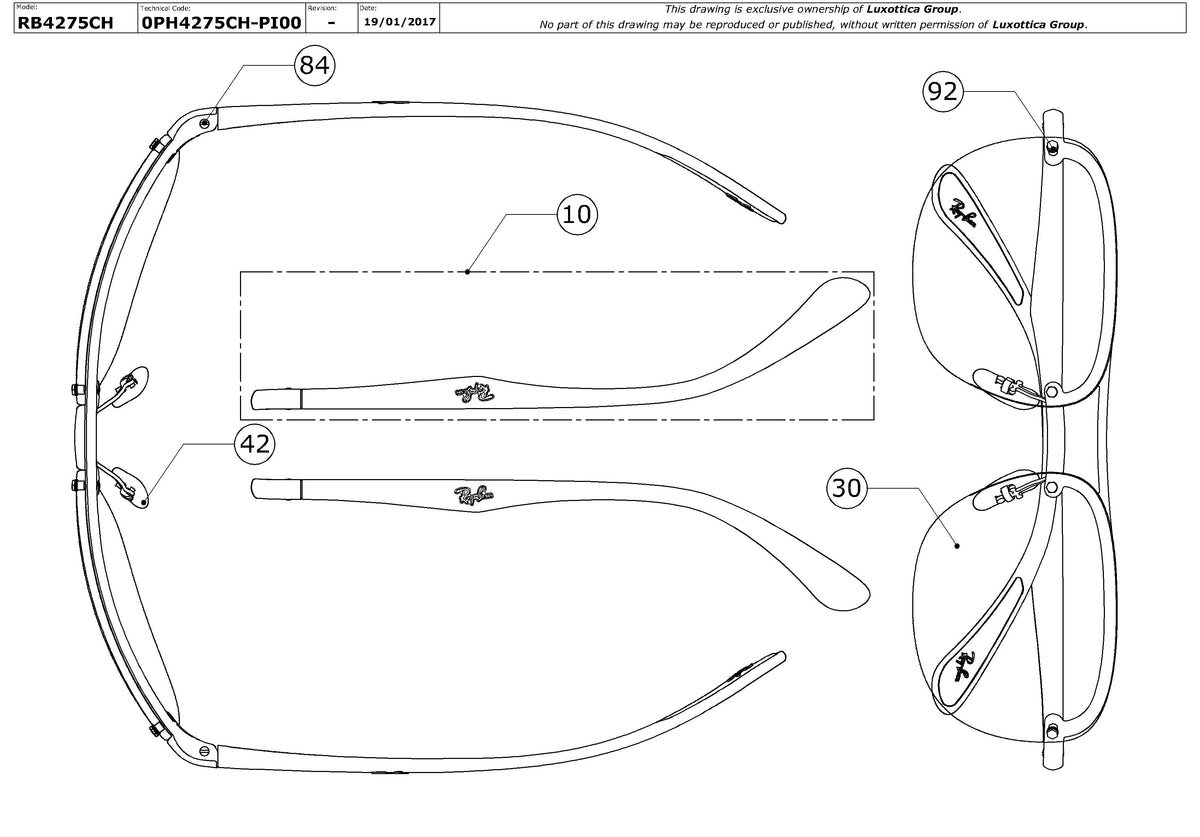 Exploded technical drawing of the Ray-Ban RB4275CH Replacement Parts, with each replacement part numbered