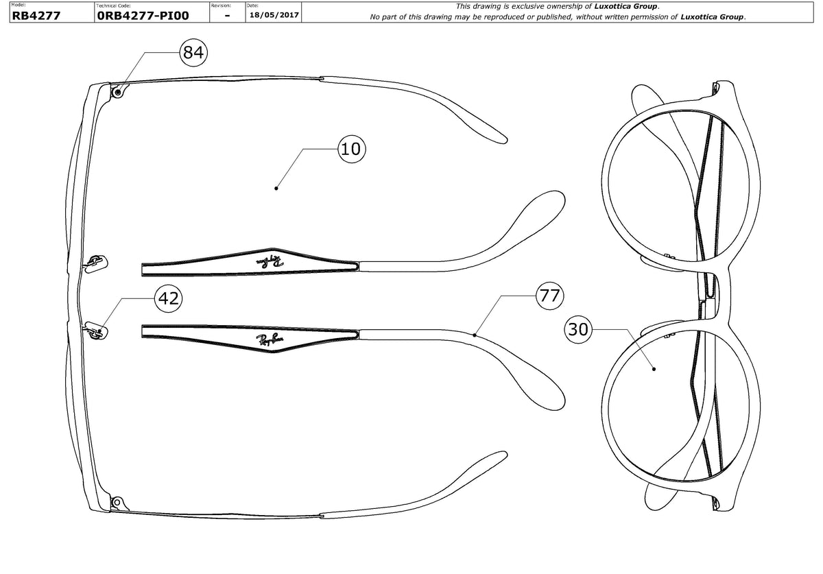 Exploded technical drawing of the Ray-Ban Emma RB4277 Replacement Parts, with each replacement part numbered
