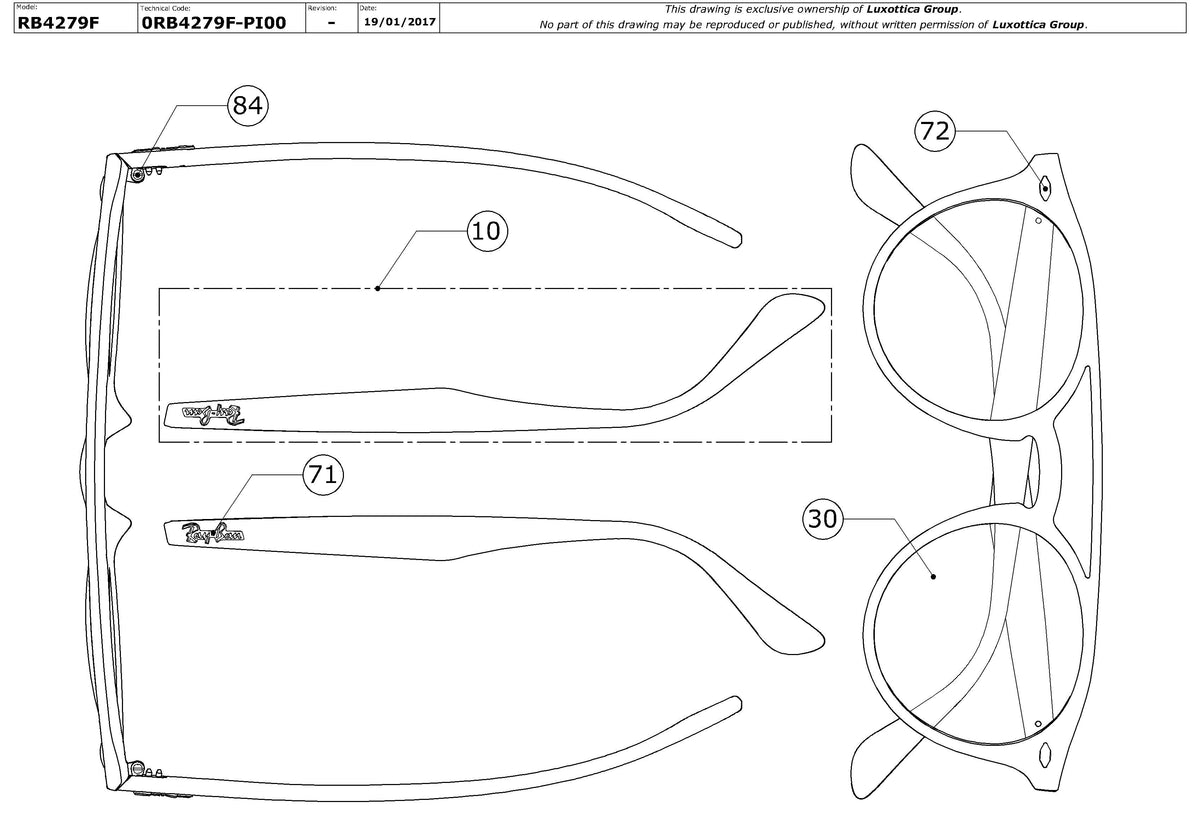 Exploded technical drawing of the Ray-Ban RB4279F Replacement Parts, with each replacement part numbered