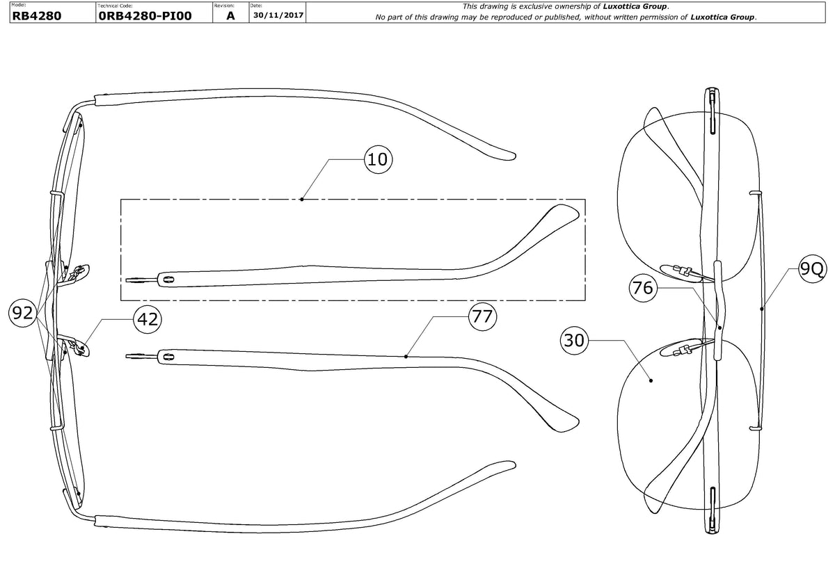 Exploded technical drawing of the Ray-Ban RB4280 Replacement Parts, with each replacement part numbered