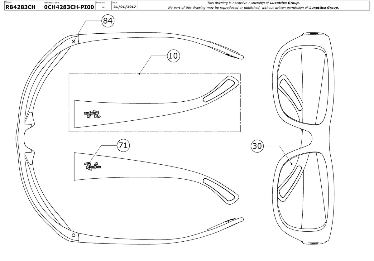 Enlarged technical drawing of the Ray-Ban RB4283CH Replacement Parts