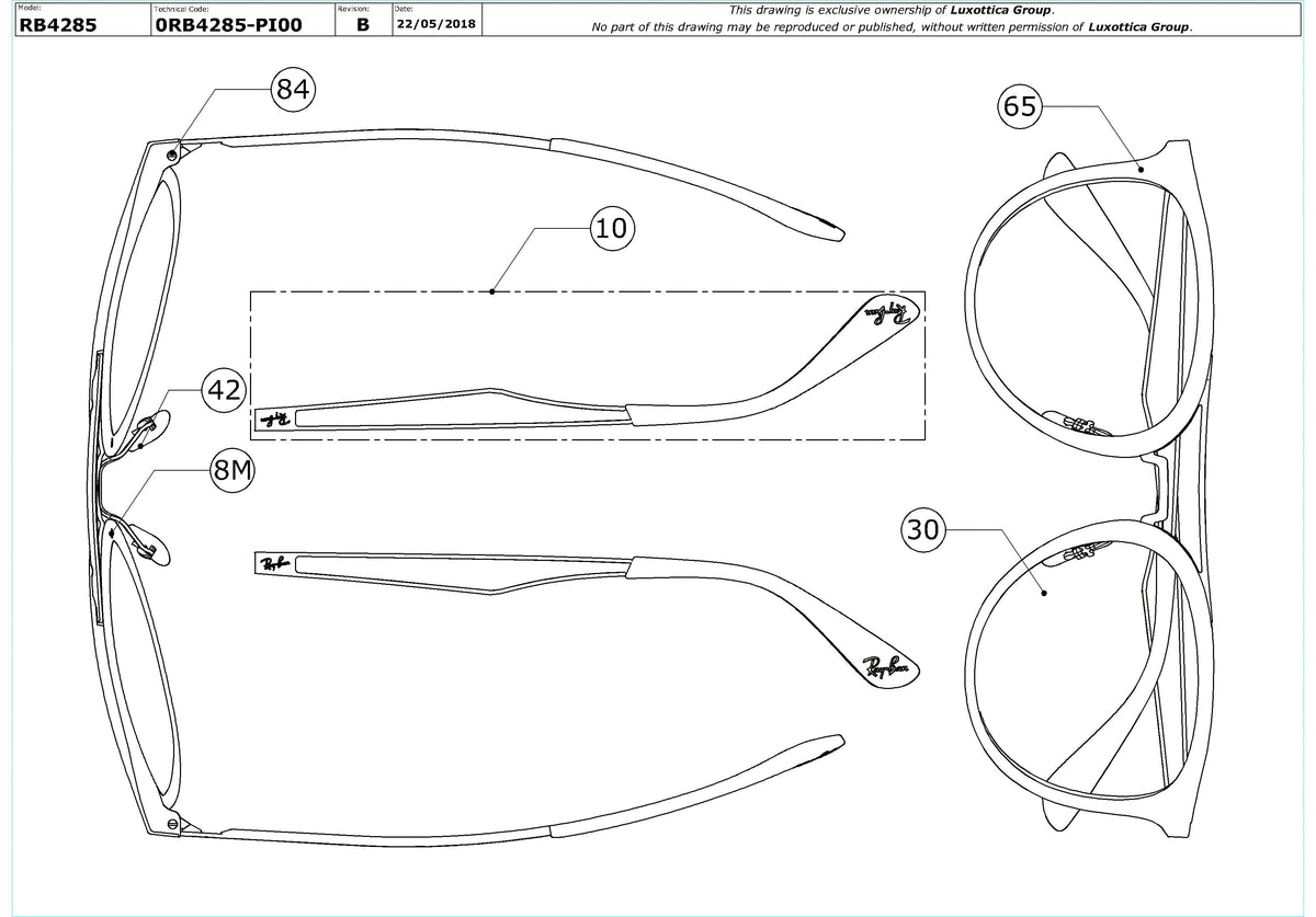 Exploded technical drawing of the Ray-Ban RB4285 Replacement Parts, with each replacement part numbered
