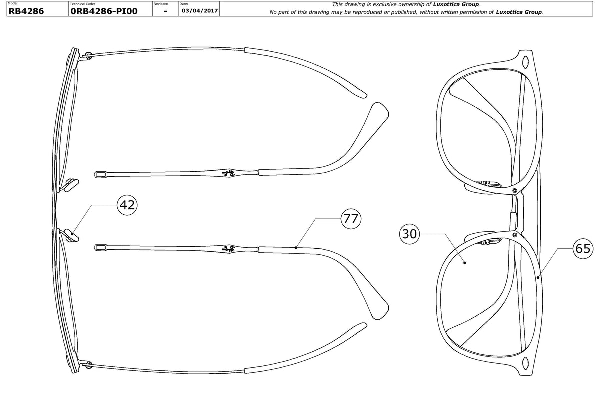 Exploded technical drawing of the Ray-Ban RB4286 Replacement Parts, with each replacement part numbered