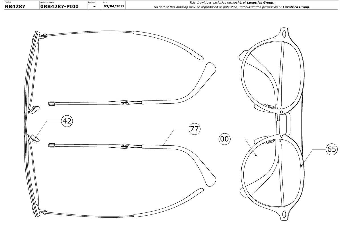 Exploded technical drawing of the Ray-Ban RB4287 Replacement Parts, with each replacement part numbered
