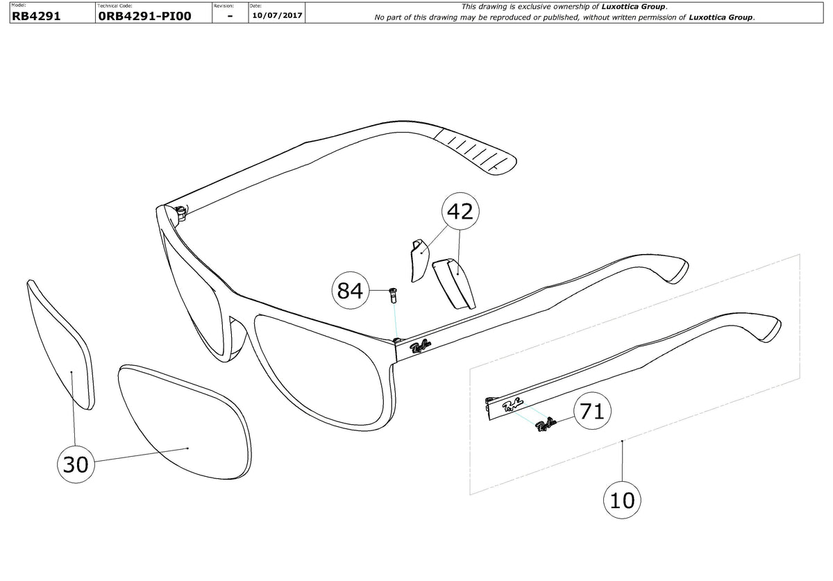 Exploded technical drawing of the Ray-Ban RB4291 Replacement Parts, with each replacement part numbered