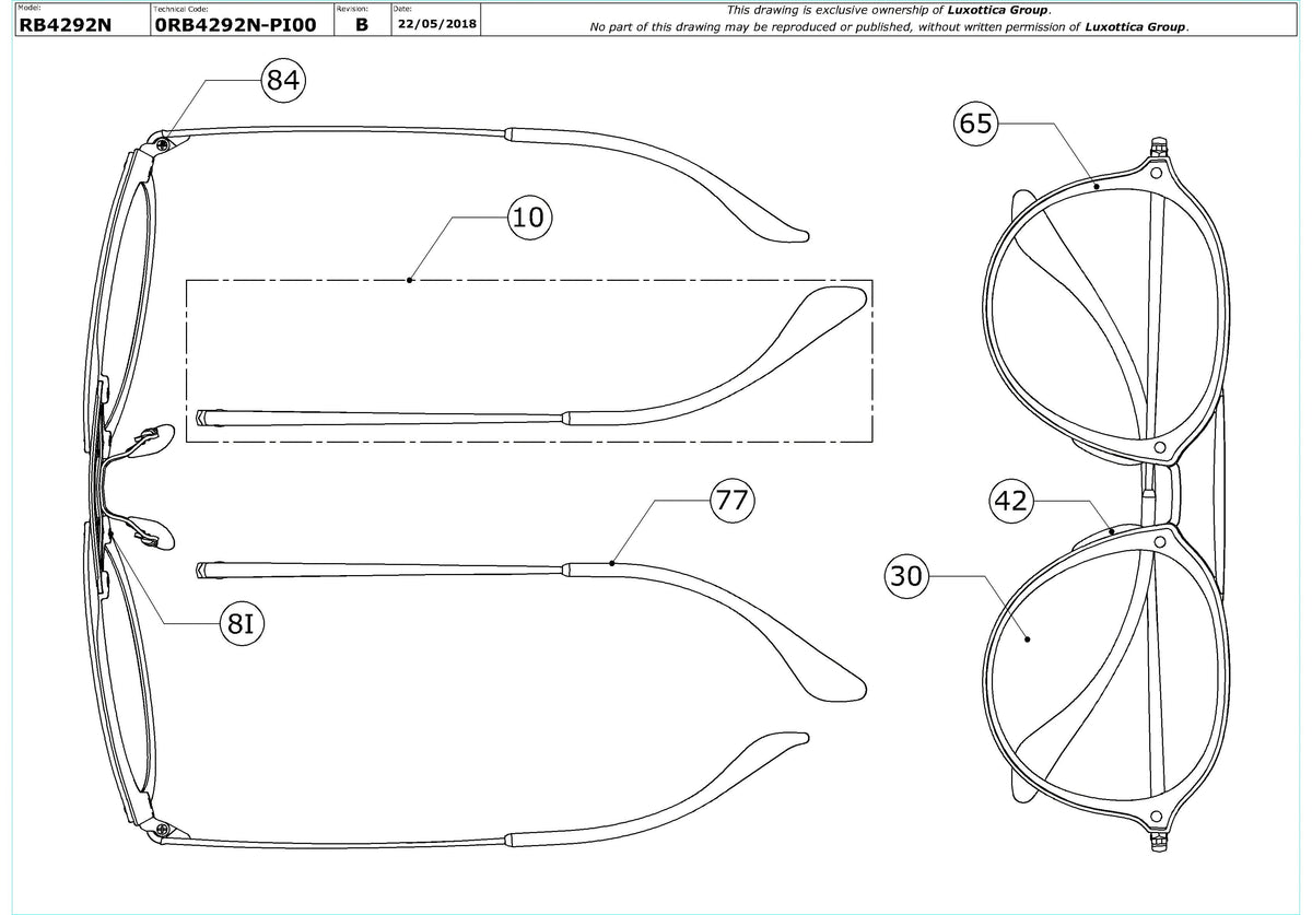 Exploded technical drawing of the Ray-Ban Blaze Doublebridge RB4292N Replacement Parts, with each replacement part numbered