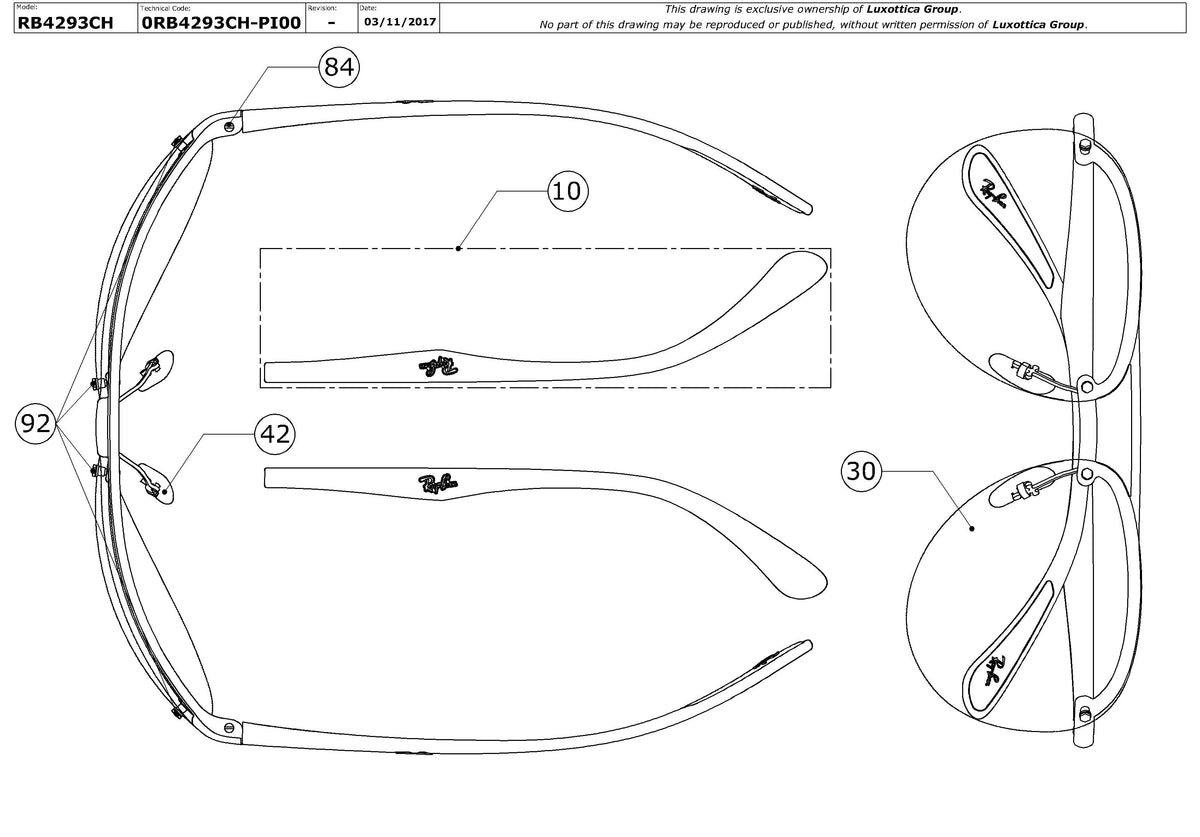 Enlarged technical drawing of the Ray-Ban RB4293CH Replacement Parts