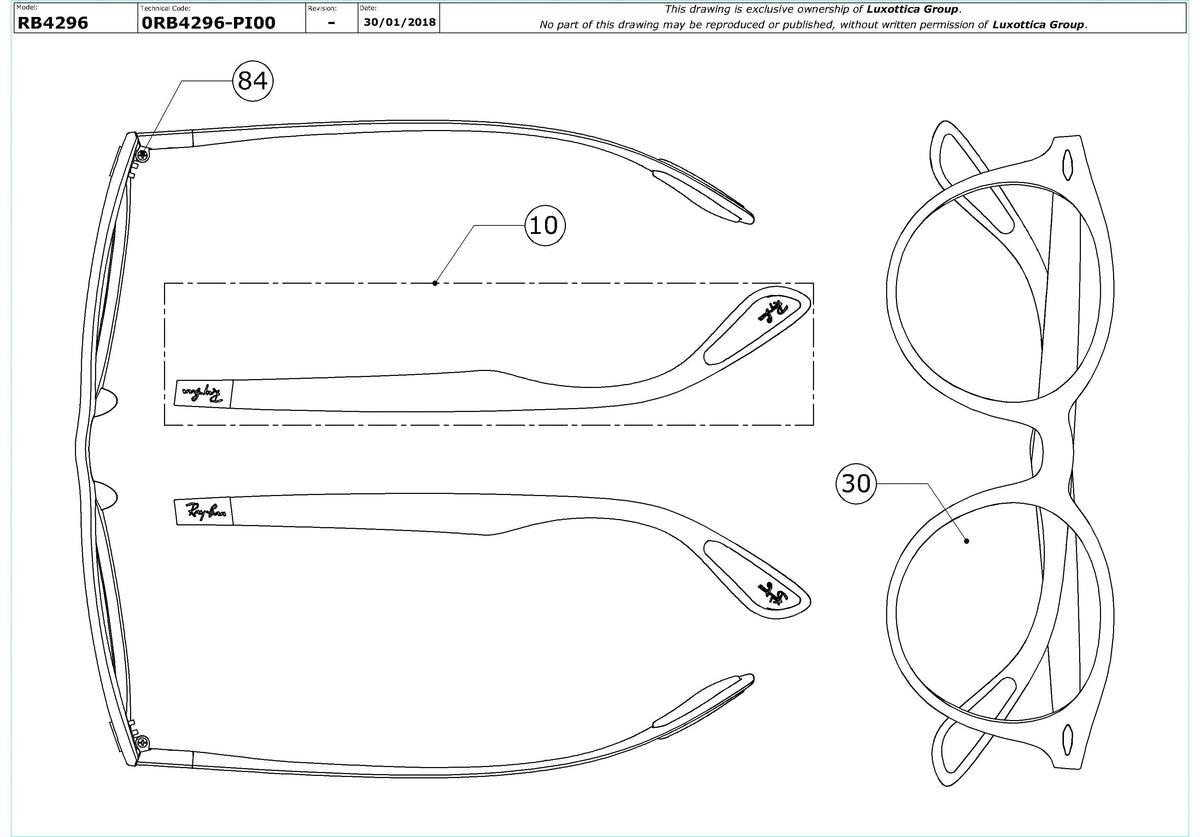 Exploded technical drawing of the Ray-Ban RB4296 Replacement Parts, with each replacement part numbered