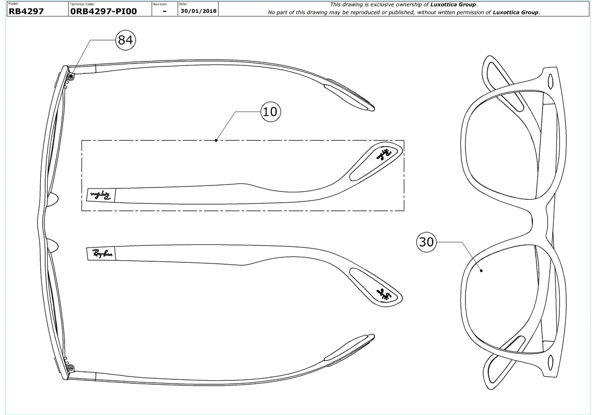 Enlarged technical drawing of the Ray-Ban RB4297 Replacement Parts