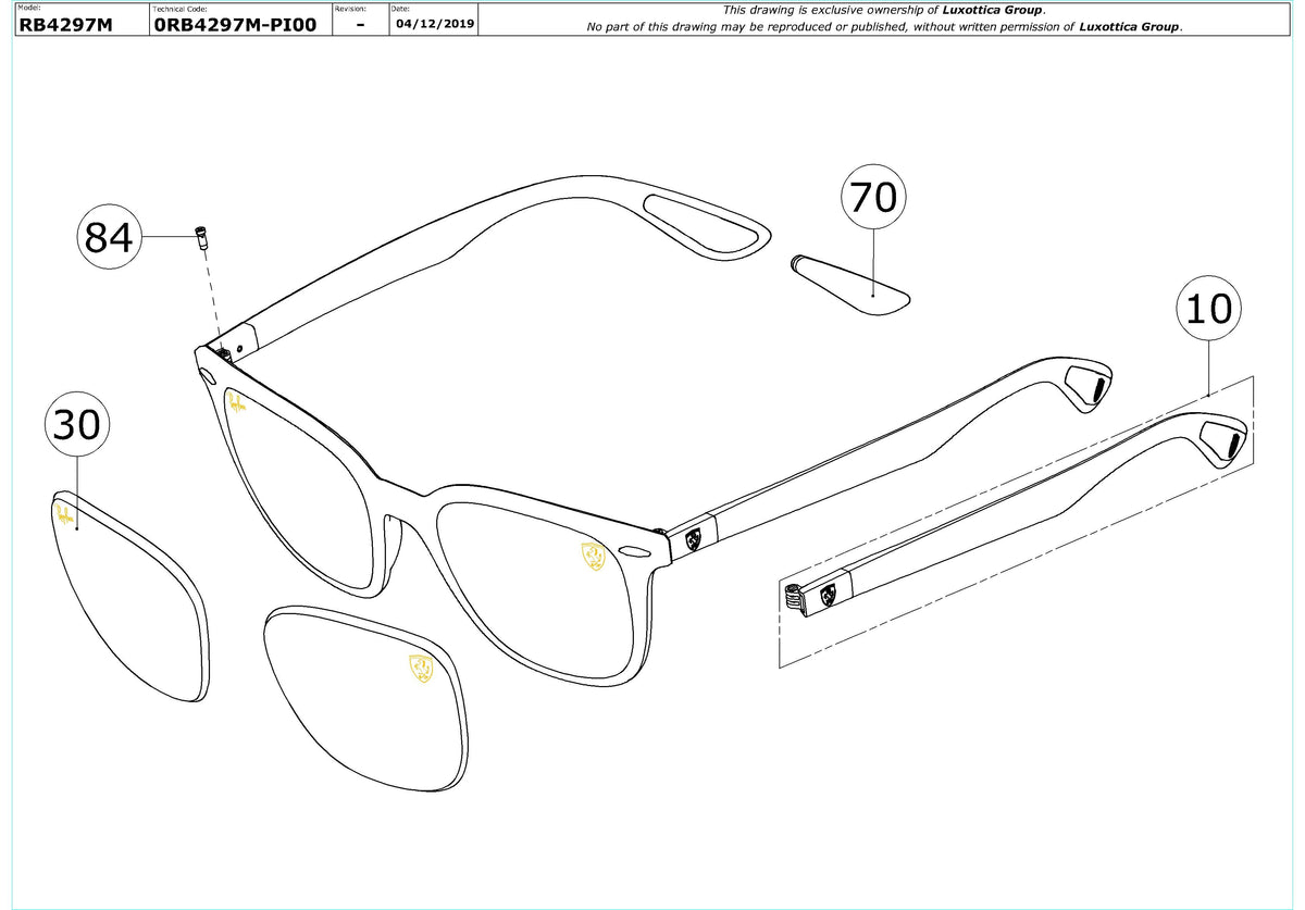 Exploded technical drawing of the Ray-Ban Ferrari RB4297M Replacement Parts, with each replacement part numbered