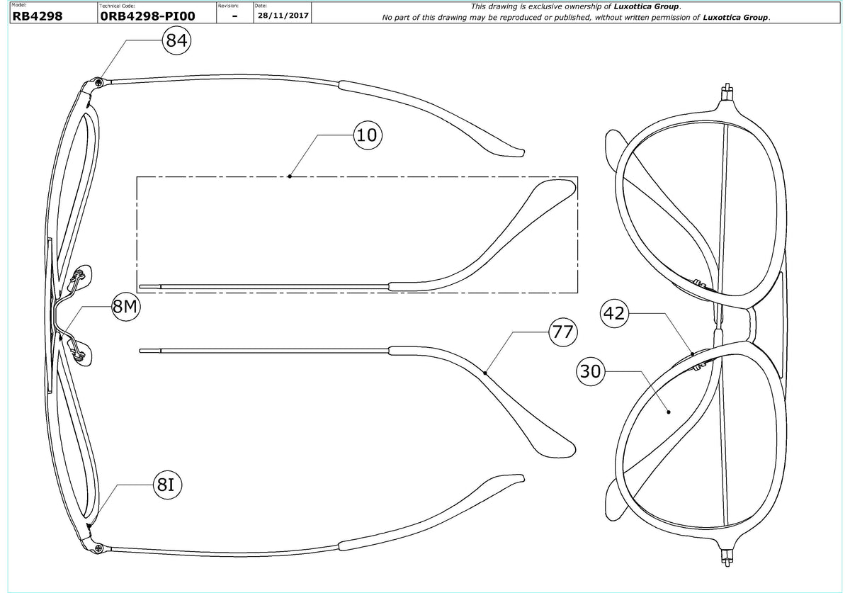 Exploded technical drawing of the Ray-Ban RB4298 Replacement Parts, with each replacement part numbered