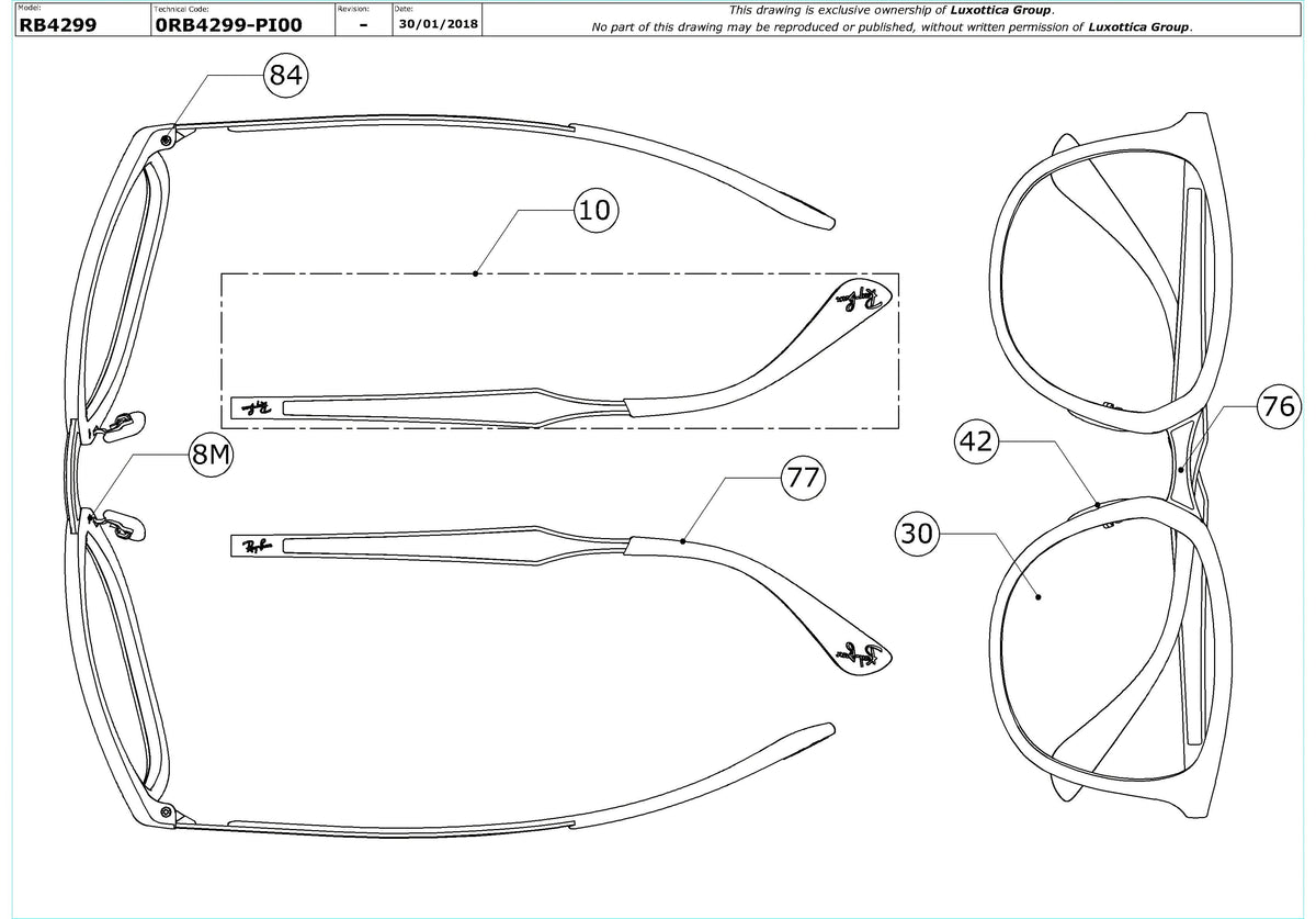 Exploded technical drawing of the Ray-Ban RB4299 Replacement Parts, with each replacement part numbered
