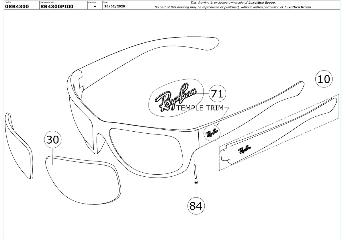 Enlarged technical drawing of the Ray-Ban RB4300 Replacement Parts