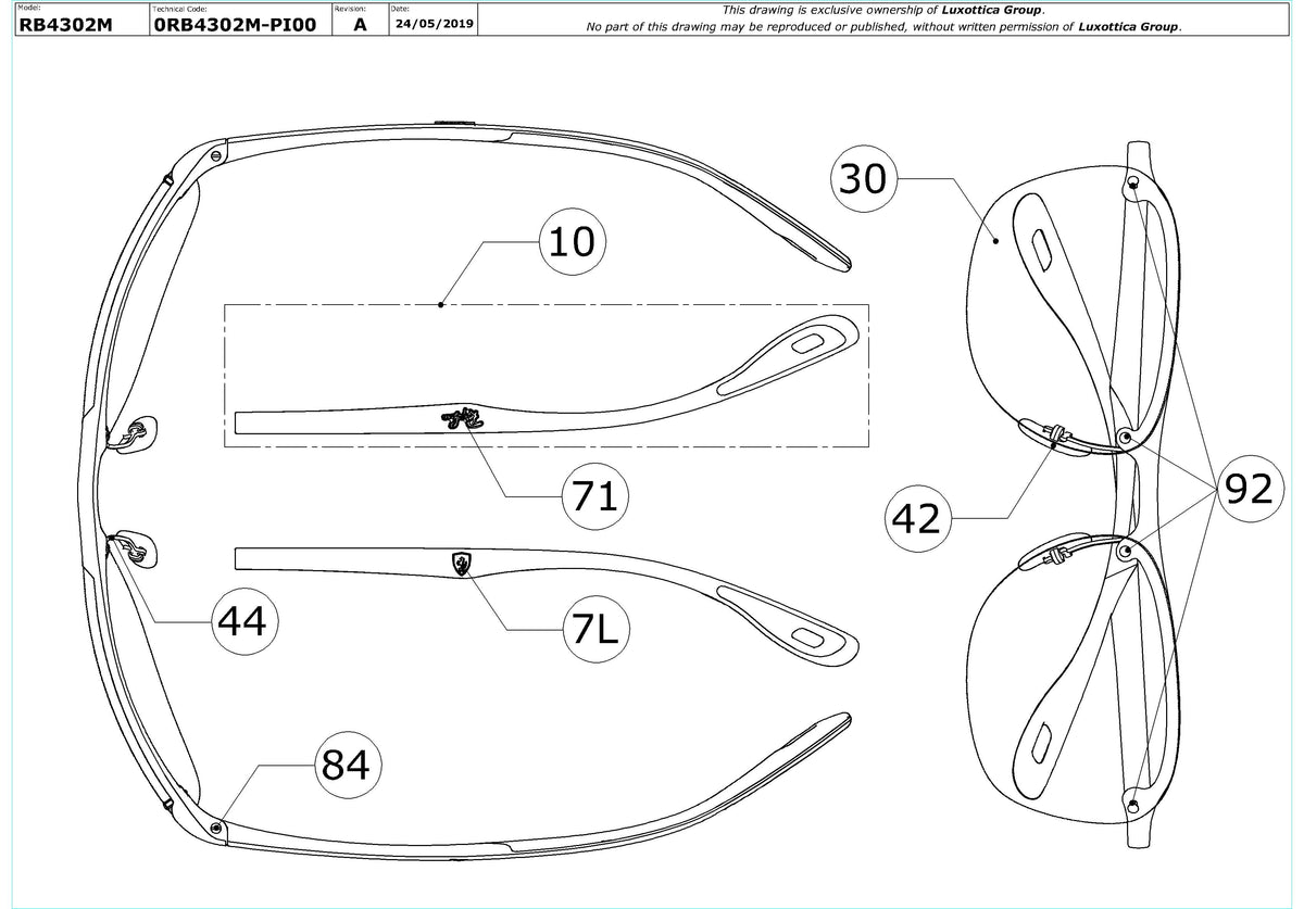 Exploded technical drawing of the Ray-Ban Ferrari RB4302M Replacement Parts, with each replacement part numbered
