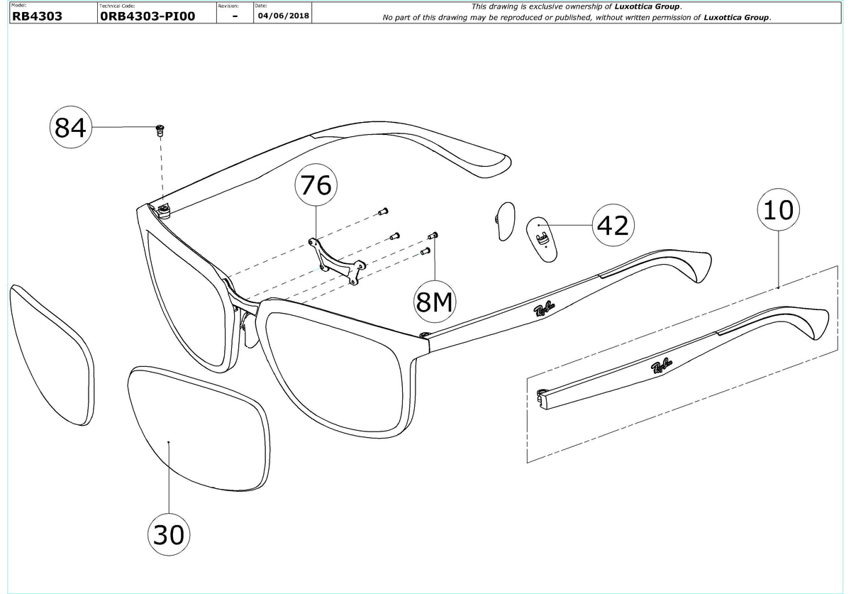 Exploded technical drawing of the Ray-Ban RB4303 Replacement Parts, with each replacement part numbered