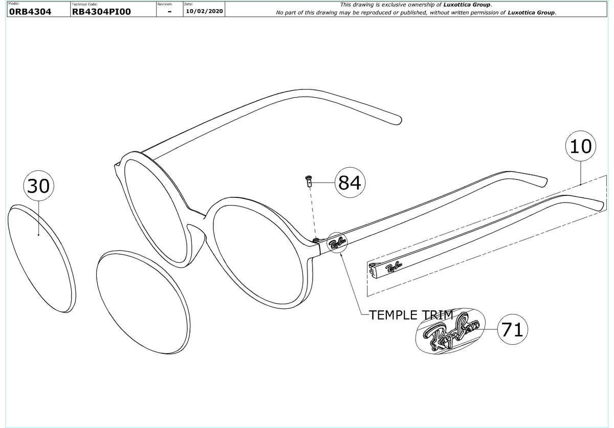Enlarged technical drawing of the Ray-Ban RB4304 Replacement Parts