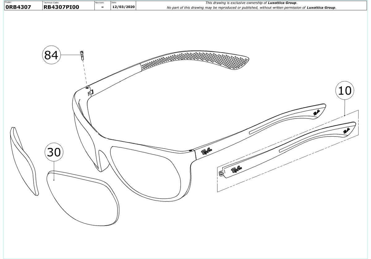 Exploded technical drawing of the Ray-Ban RB4307 Replacement Parts, with each replacement part numbered