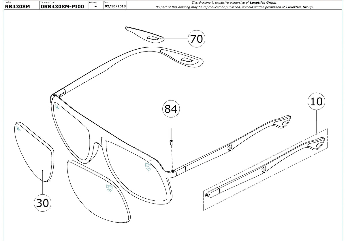Enlarged technical drawing of the Ray-Ban Ferrari RB4308M Replacement Parts