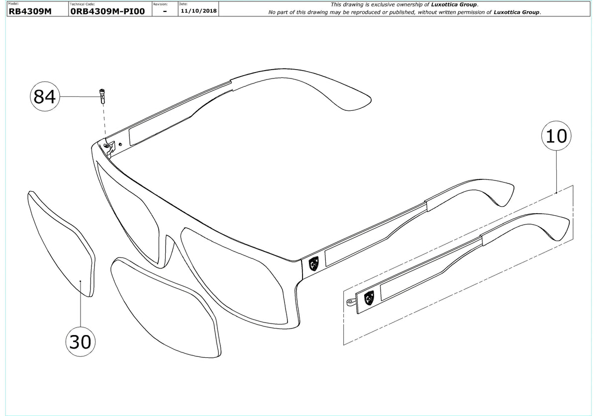 Enlarged technical drawing of the Ray-Ban Ferrari RB4309M Replacement Parts