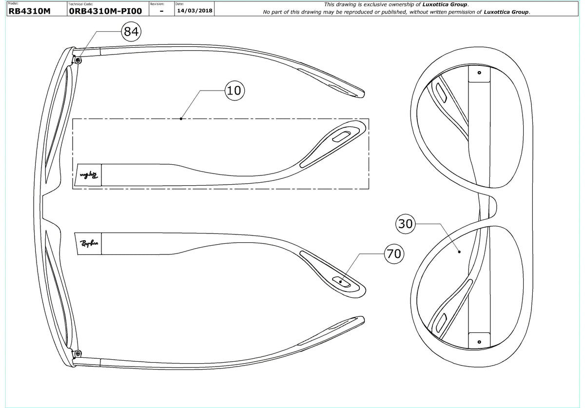 Enlarged technical drawing of the Ray-Ban Ferrari RB4310M Replacement Parts
